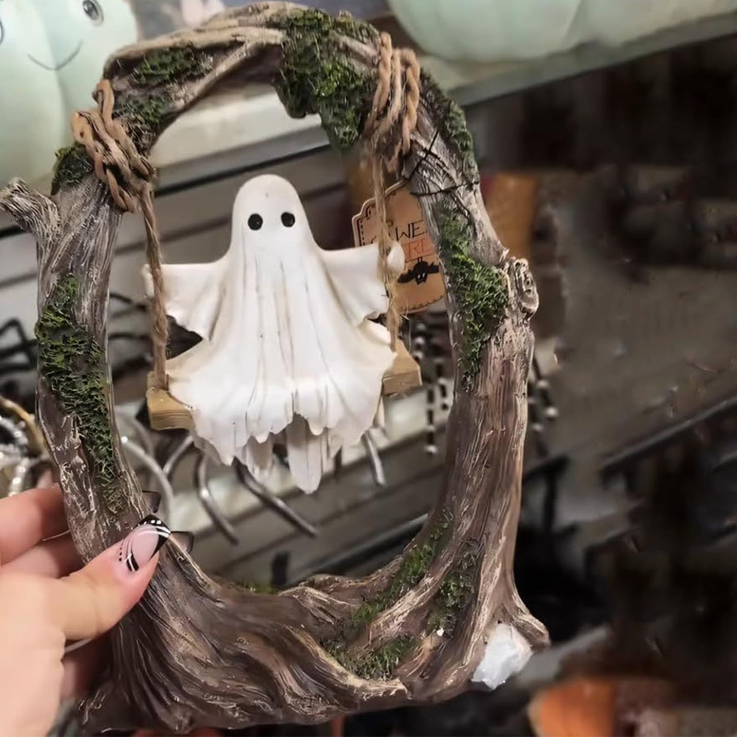 Halloween Ghost Swing Decor-Hand Painted Wooden Plaque with Rope & RIP Sign