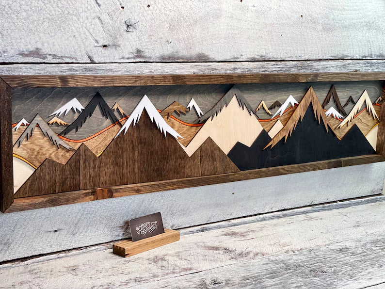 Layered Wood Mountain Wall Art - Handmade 3D Sunset Scene
