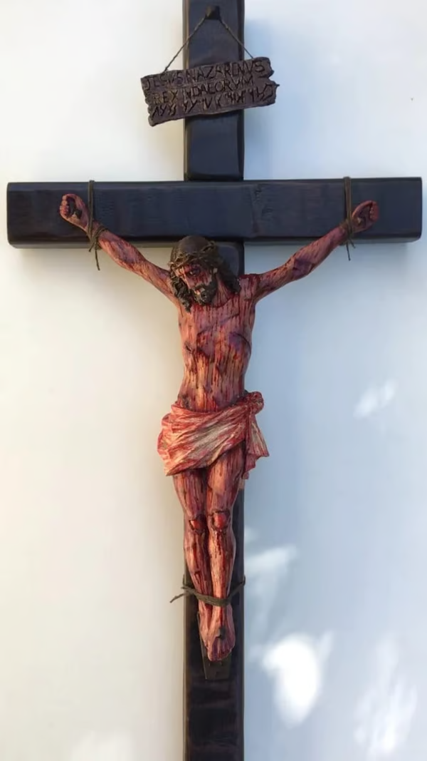 ✝️ Hand-Carved Calvary Crucifix - Sacred Heart Altar Set w/Blessing Certificate | Solid Walnut Devotional Cross for Home Chapel