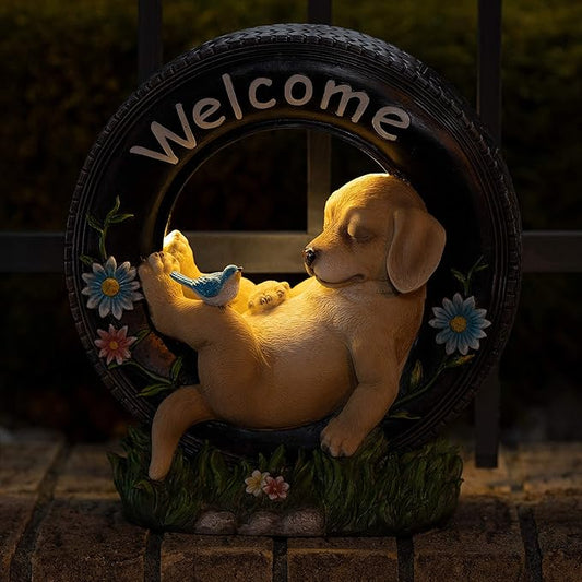 🐶Welcome Home Garden Puppy Dog Statue Solar Powered LED for Patio/Yard & Lawn