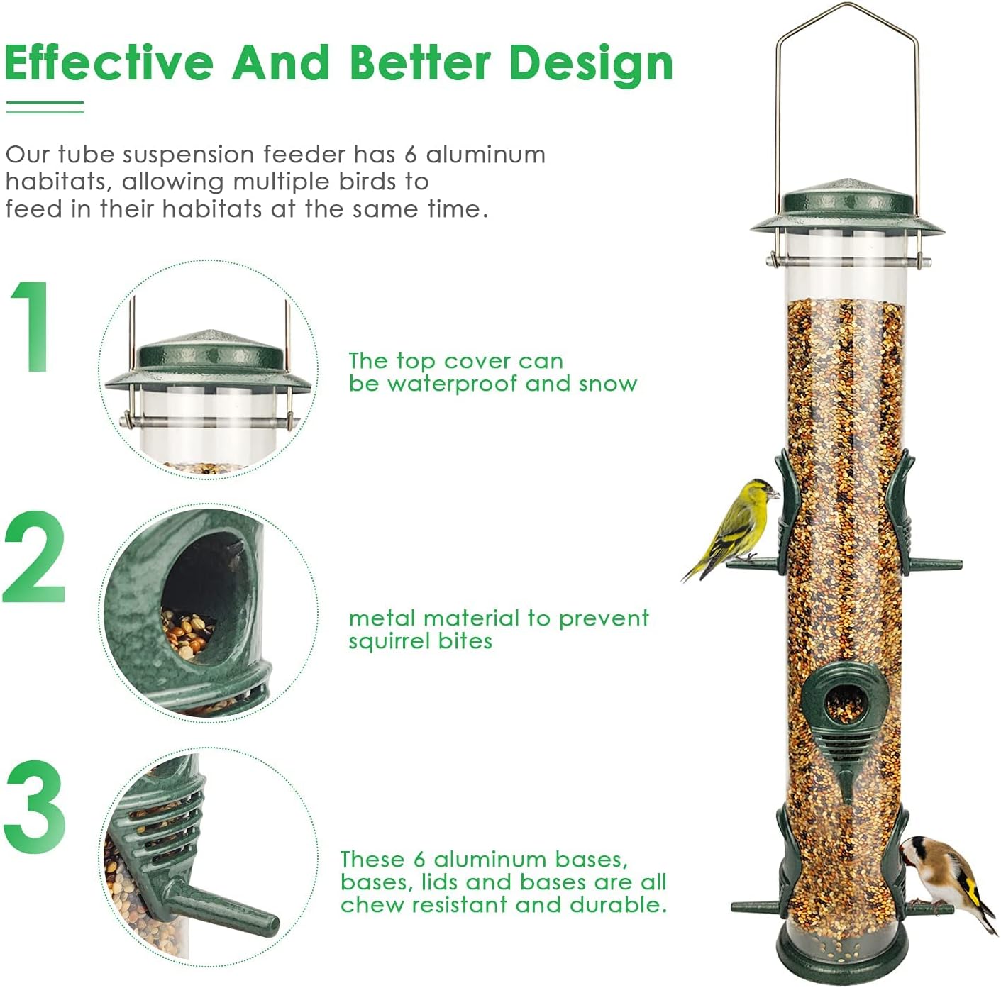 Metal 6-Port Tube Bird Feeder - Aluminum Hanging, Squirrel Proof