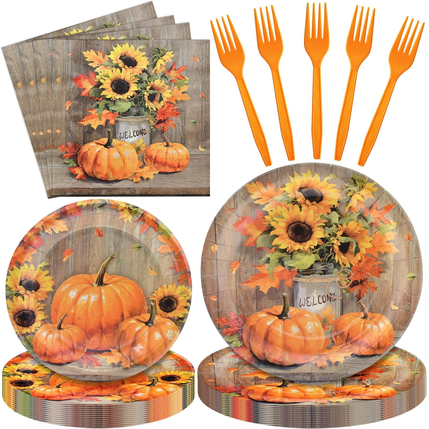 🎃Thanksgiving TablewareRustic Pumpkin and Sunflower Set – 96 Pieces