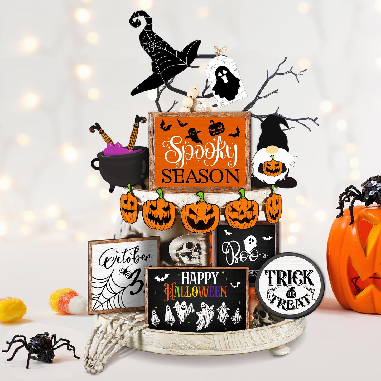 🎃Halloween Tiered Tray Decor Set Cute Halloween Wooden Signs