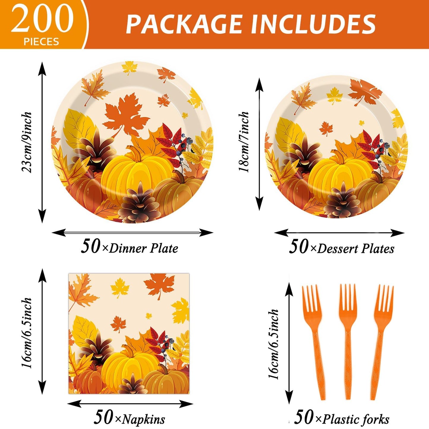 🎃🍁Pumpkin Maple Leaf Disposable Tableware -50 Set