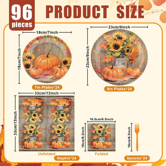 🎃Thanksgiving TablewareRustic Pumpkin and Sunflower Set – 96 Pieces