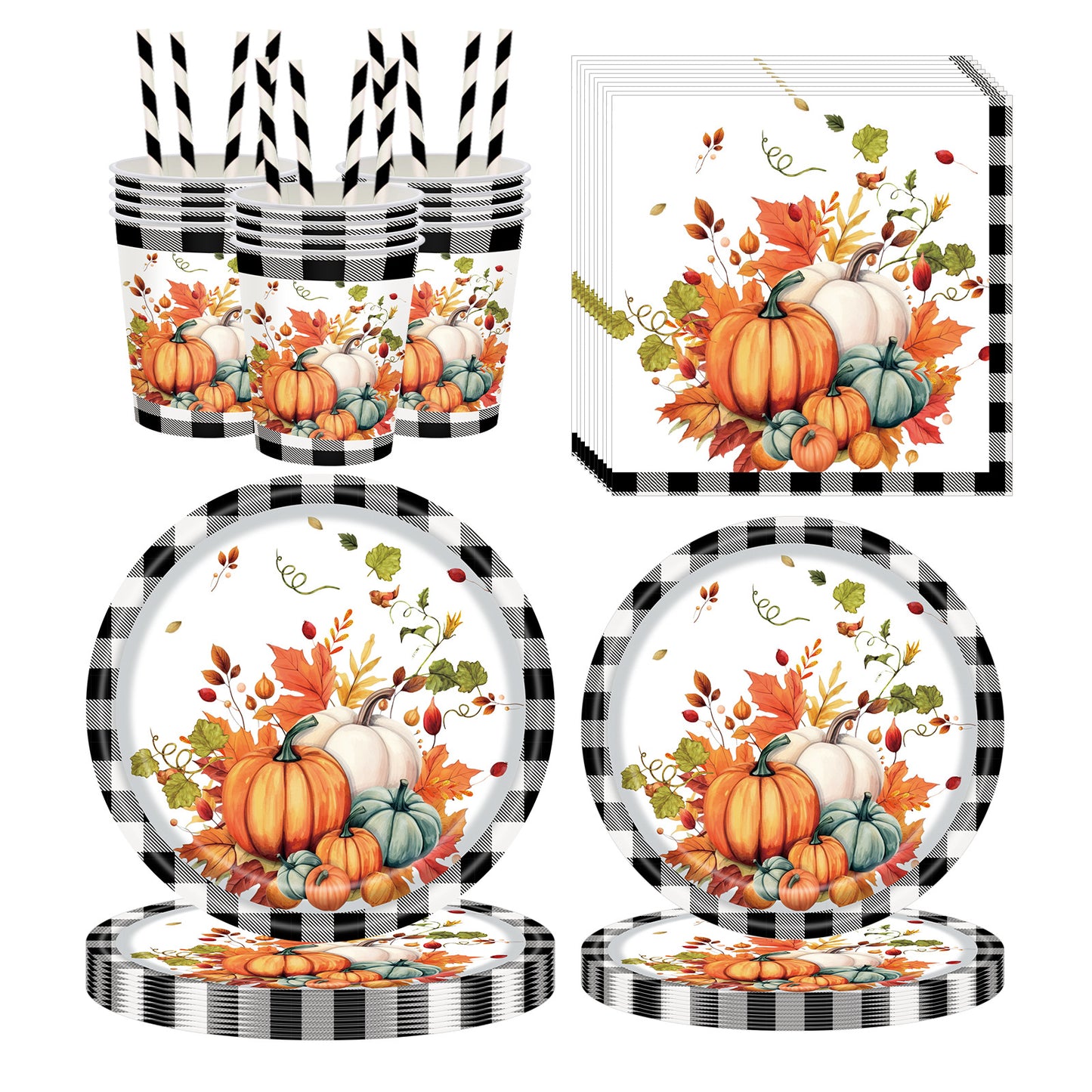 Black and White Plaid Pumpkin Theme Party Supplies Kit - 125set
