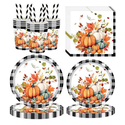 Black and White Plaid Pumpkin Theme Party Supplies Kit - 125set