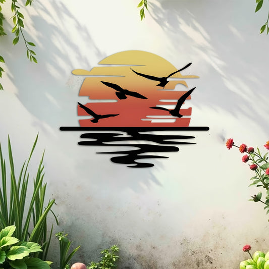 🌞Colorful Sunset Seagull Sparkle Metal Wall Art