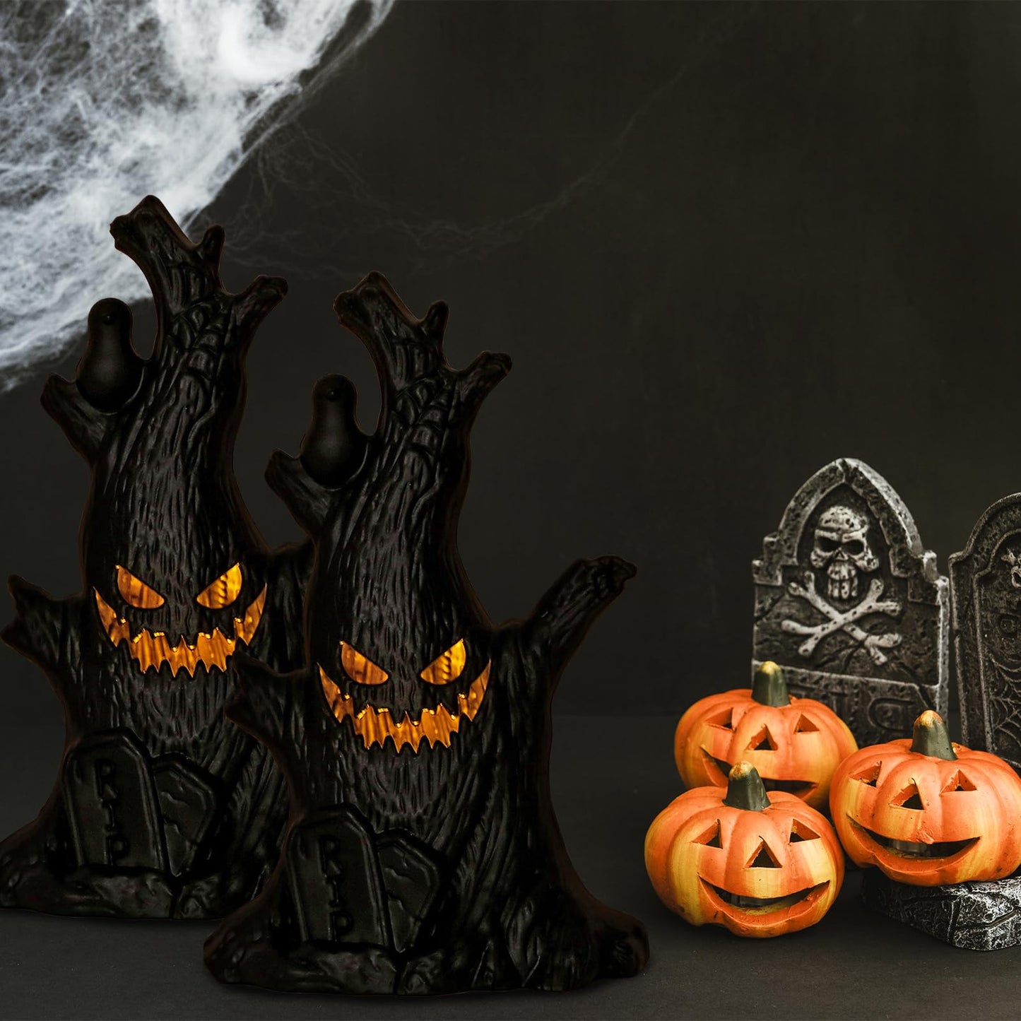 Glowing Halloween Stump Decor - Black Smiling Log with LED Eyes