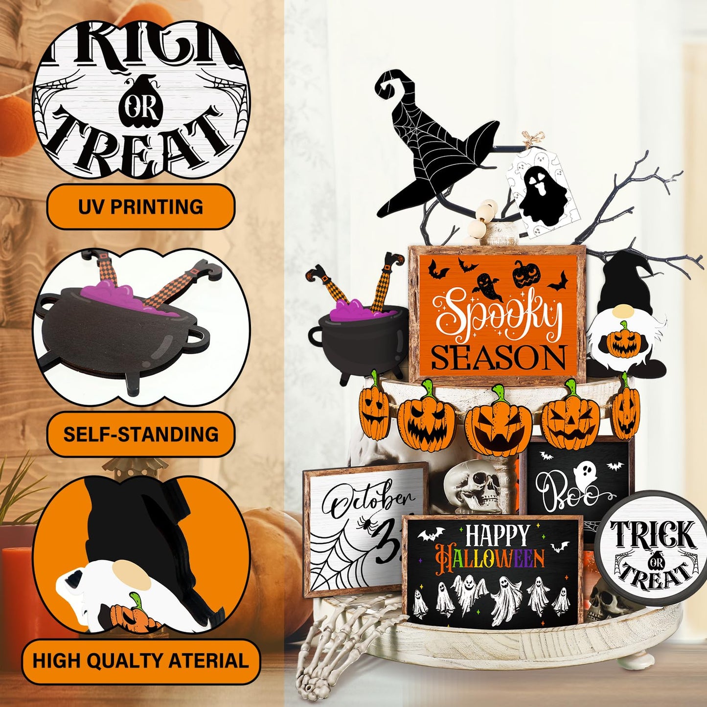 🎃Halloween Tiered Tray Decor Set Cute Halloween Wooden Signs