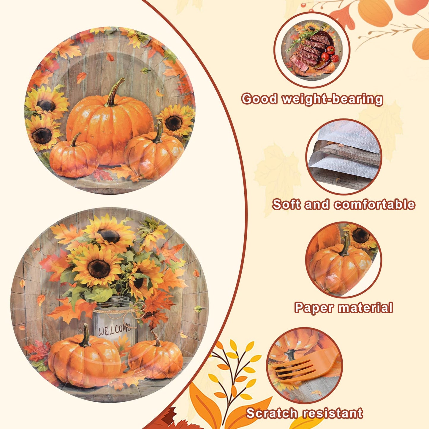 🎃Thanksgiving TablewareRustic Pumpkin and Sunflower Set – 96 Pieces