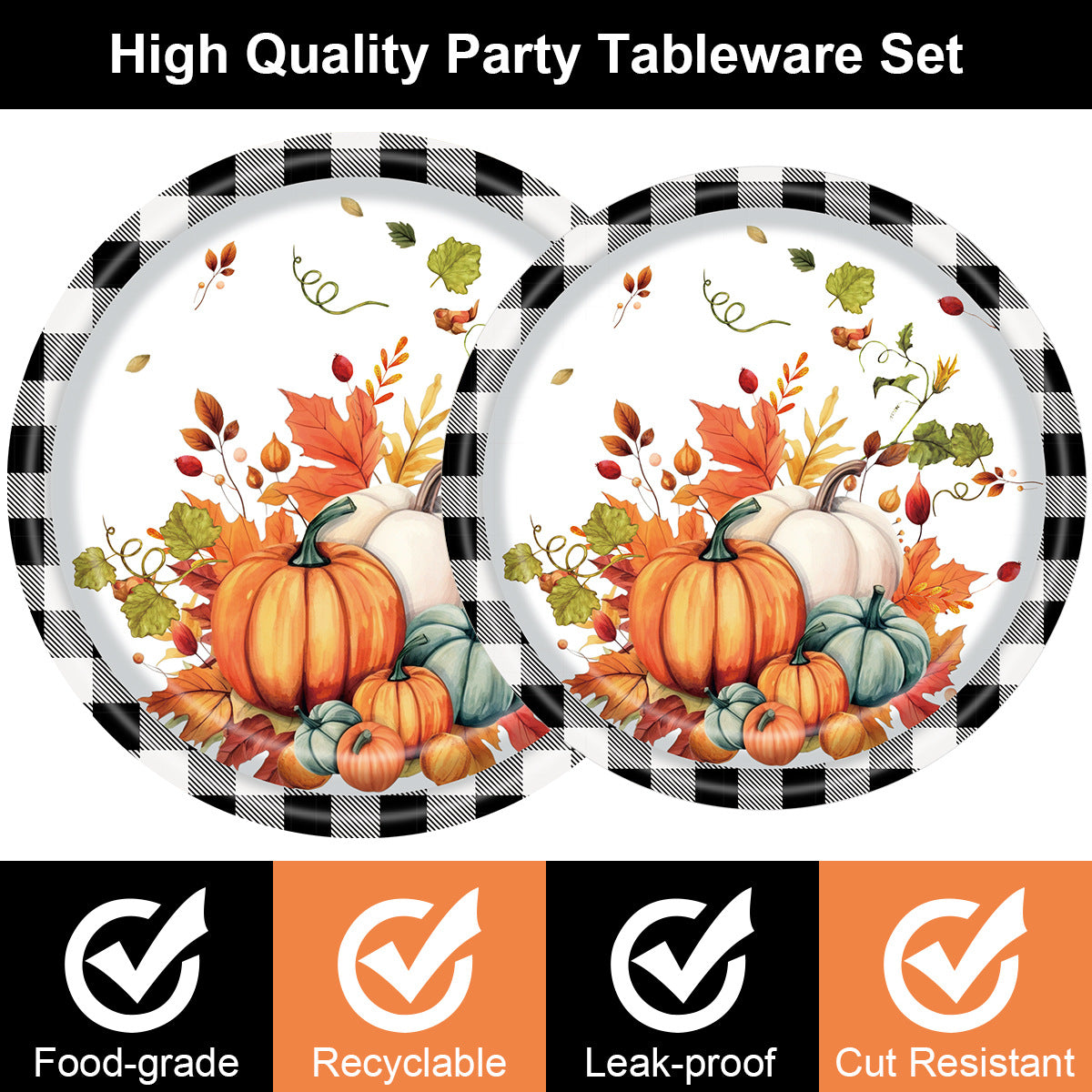 Black and White Plaid Pumpkin Theme Party Supplies Kit - 125set