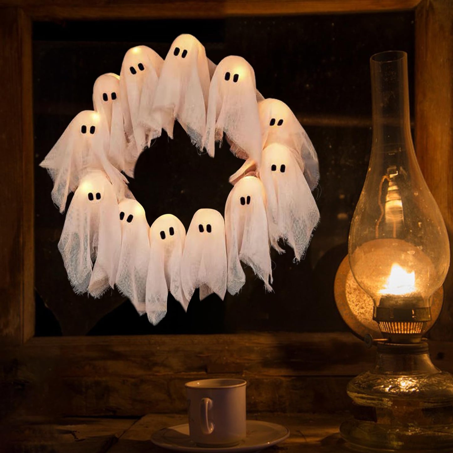 Halloween Vibes Cute Light Ghost Door Wreath