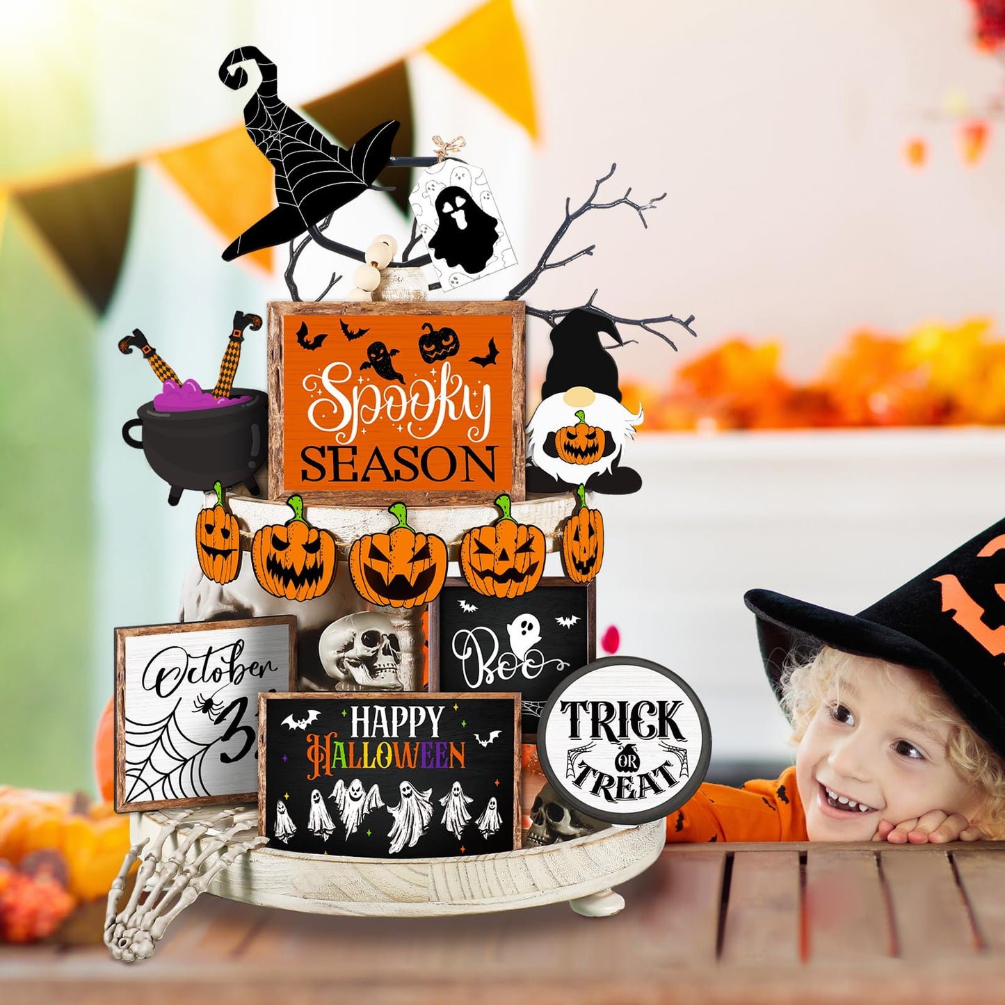 🎃Halloween Tiered Tray Decor Set Cute Halloween Wooden Signs
