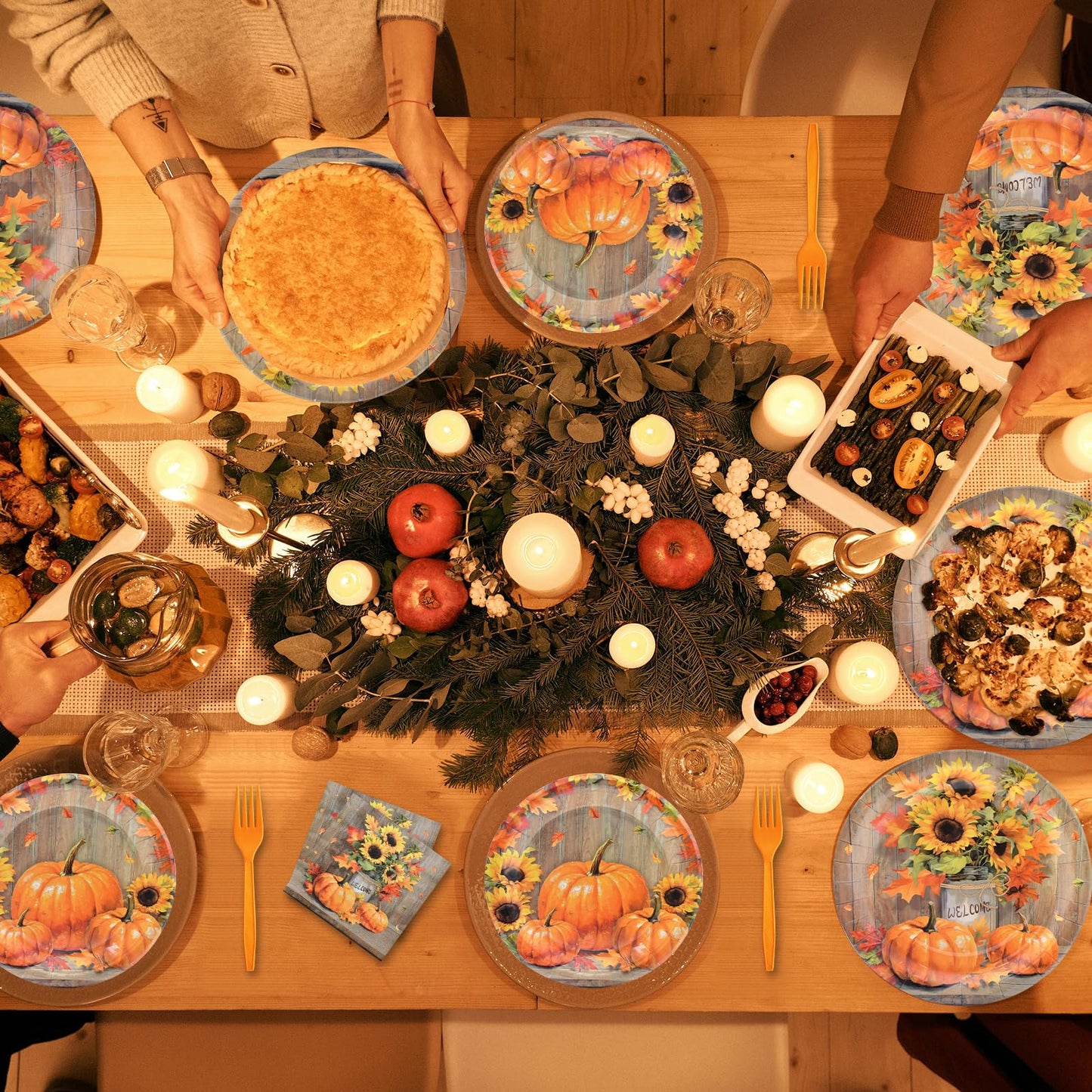 🎃Thanksgiving TablewareRustic Pumpkin and Sunflower Set – 96 Pieces