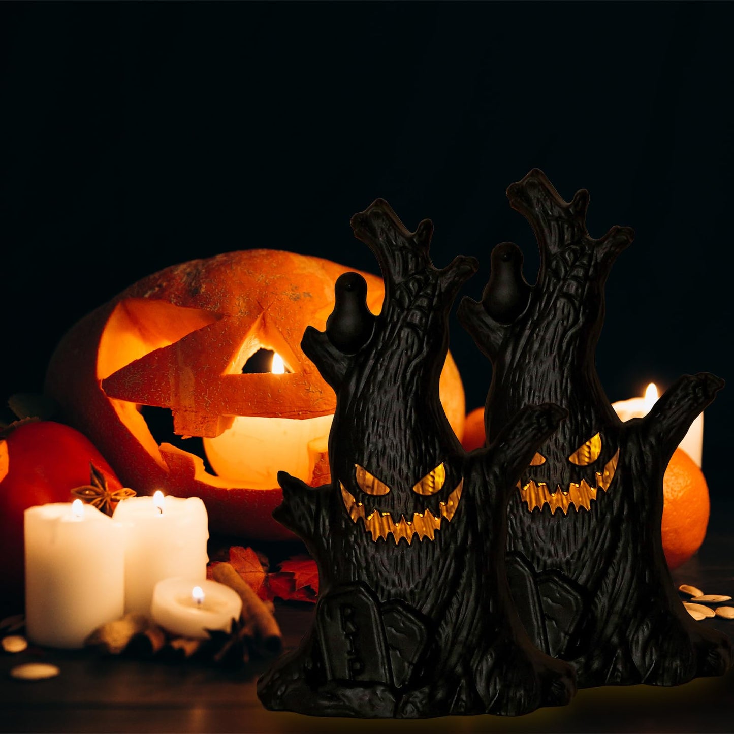 Glowing Halloween Stump Decor - Black Smiling Log with LED Eyes