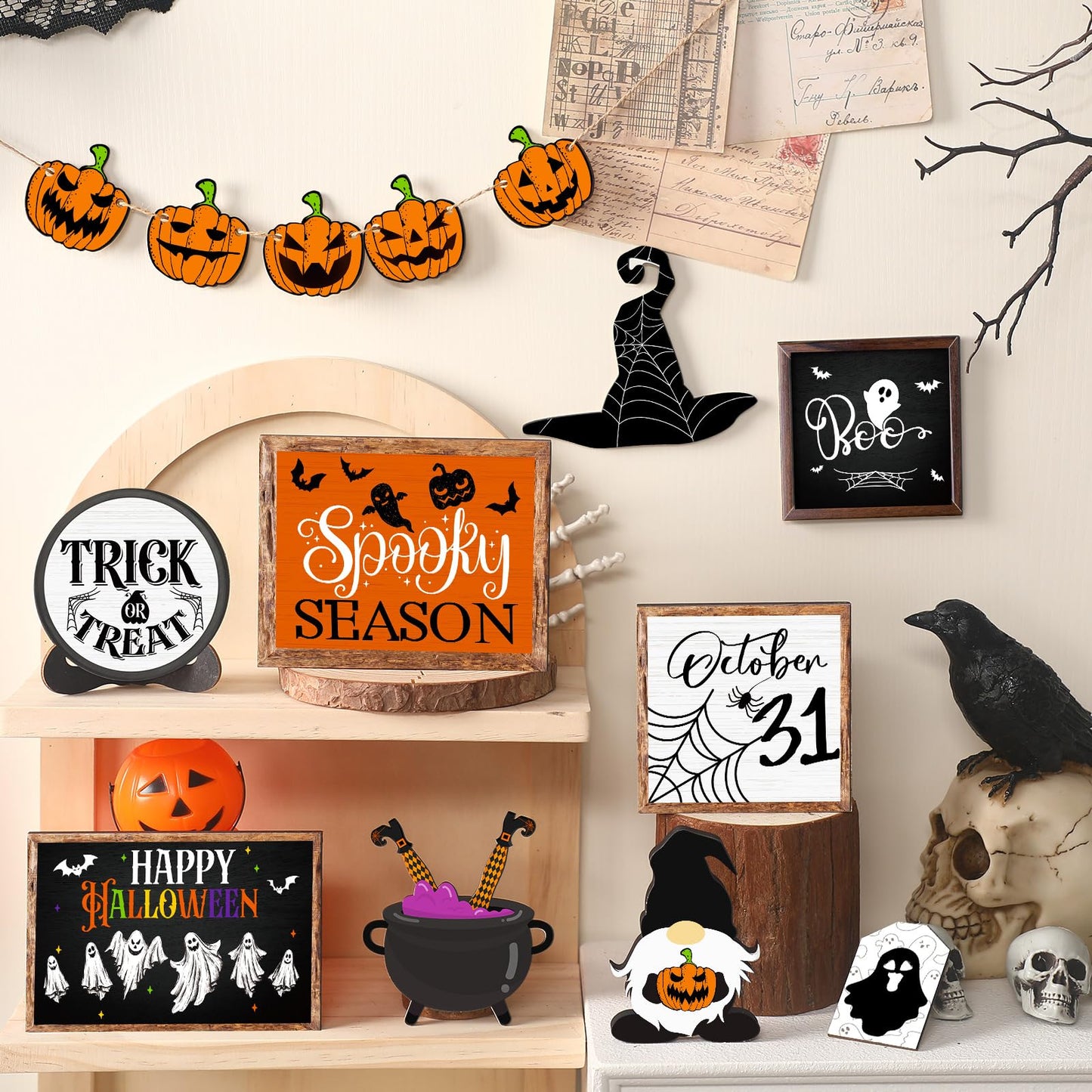🎃Halloween Tiered Tray Decor Set Cute Halloween Wooden Signs