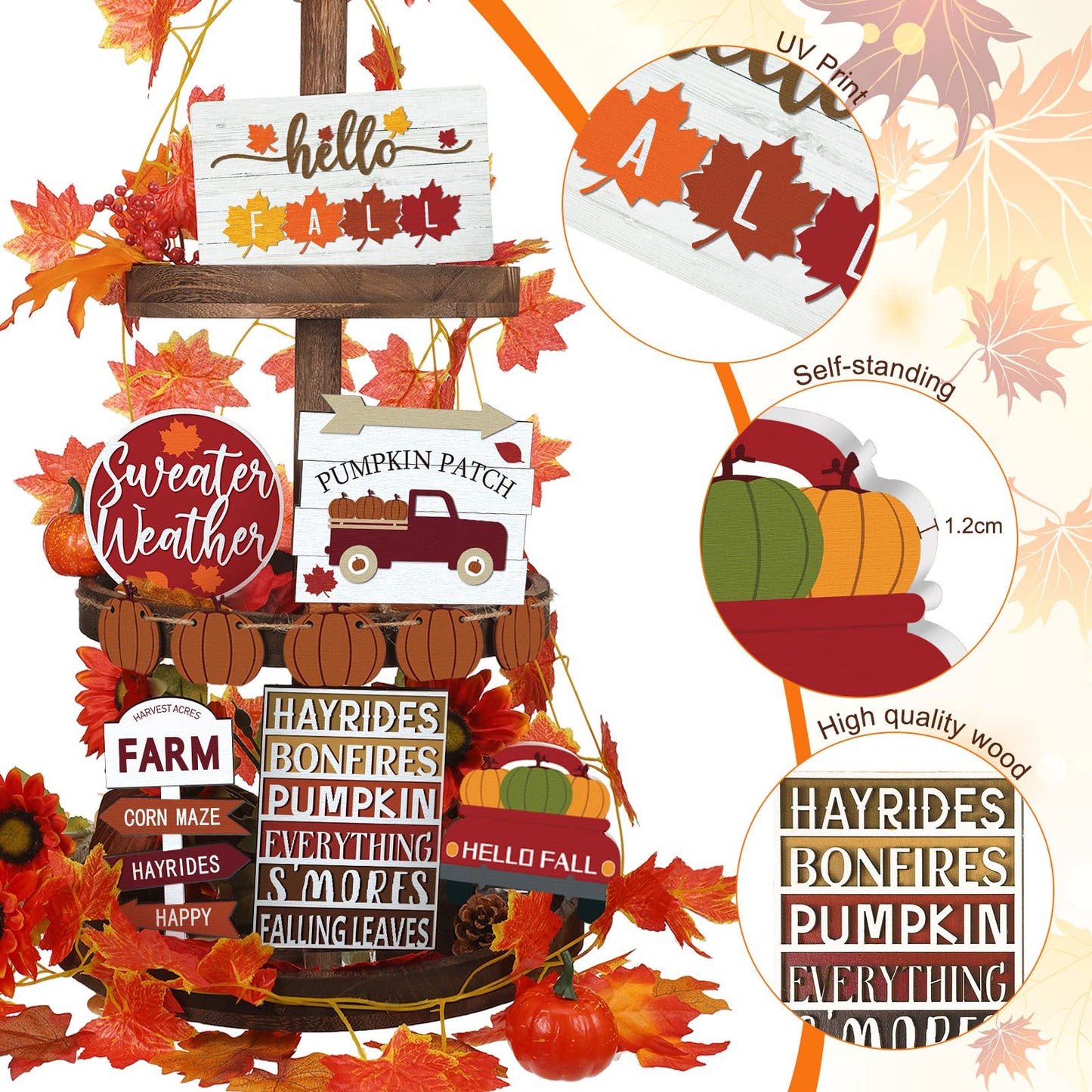 🍁12 Pcs Fall Tiered Tray Decor Thanksgiving Pumpkin Maple Leaf