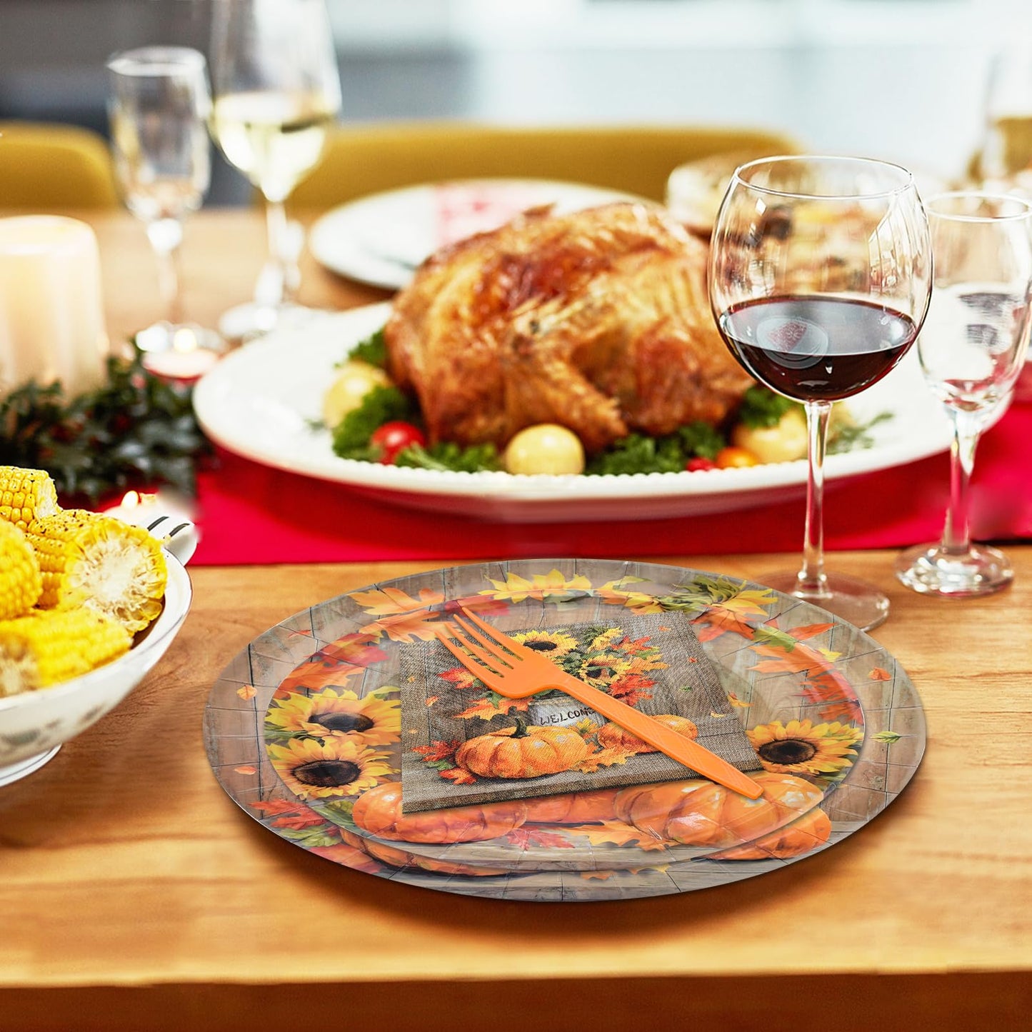 🎃Thanksgiving TablewareRustic Pumpkin and Sunflower Set – 96 Pieces