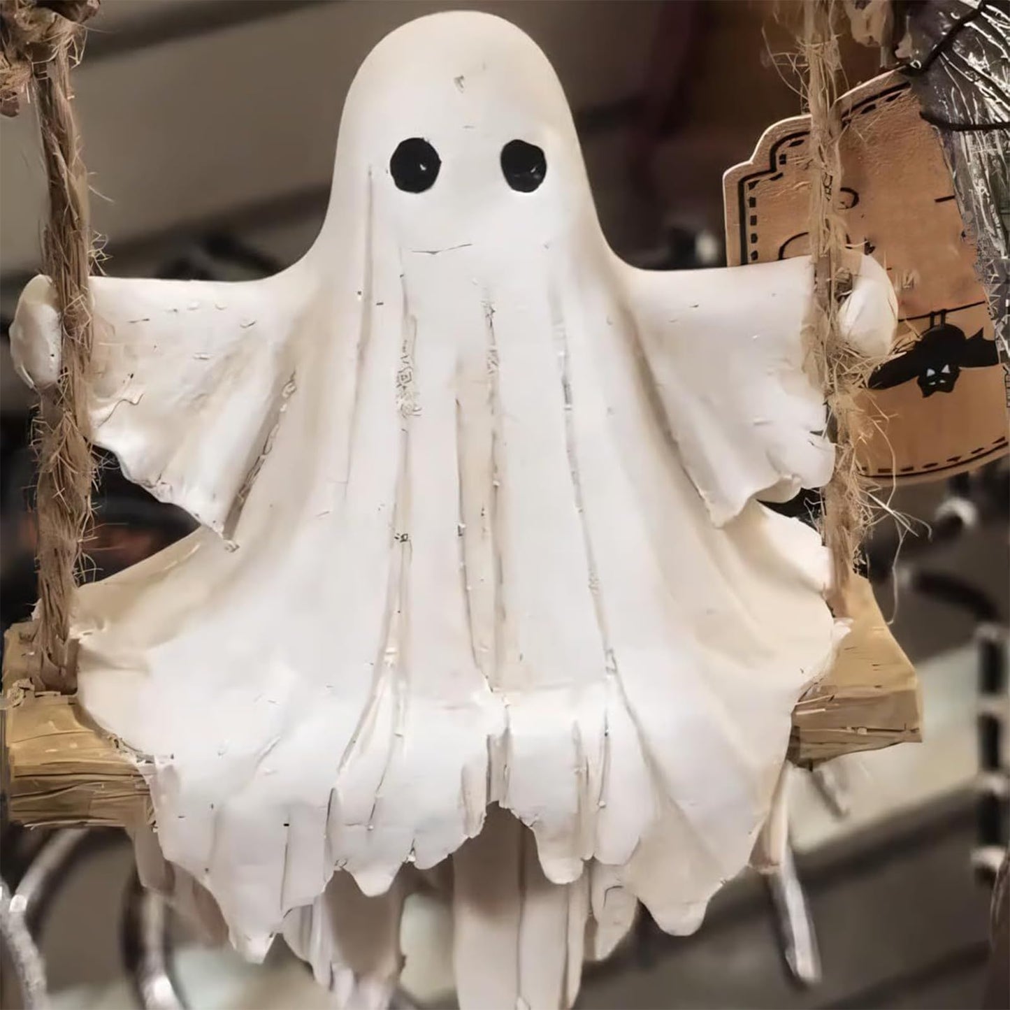 Halloween Ghost Swing Decor-Hand Painted Wooden Plaque with Rope & RIP Sign