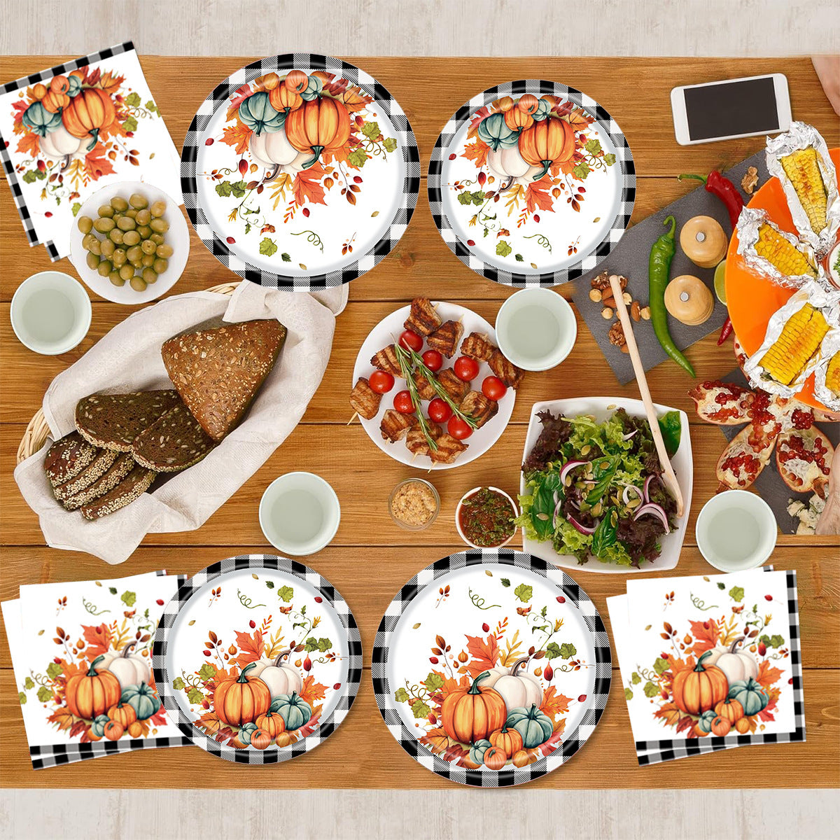 Black and White Plaid Pumpkin Theme Party Supplies Kit - 125set