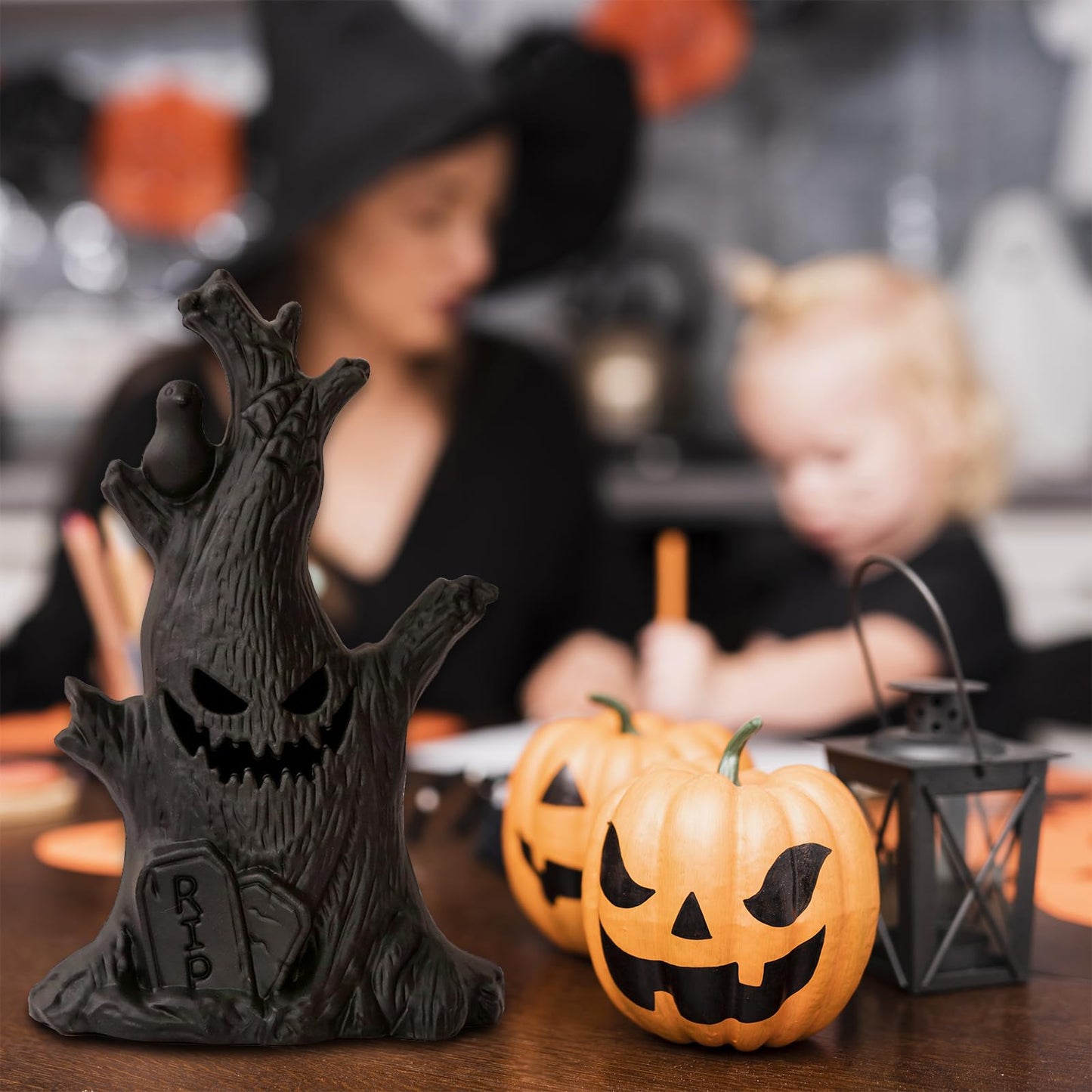 Glowing Halloween Stump Decor - Black Smiling Log with LED Eyes