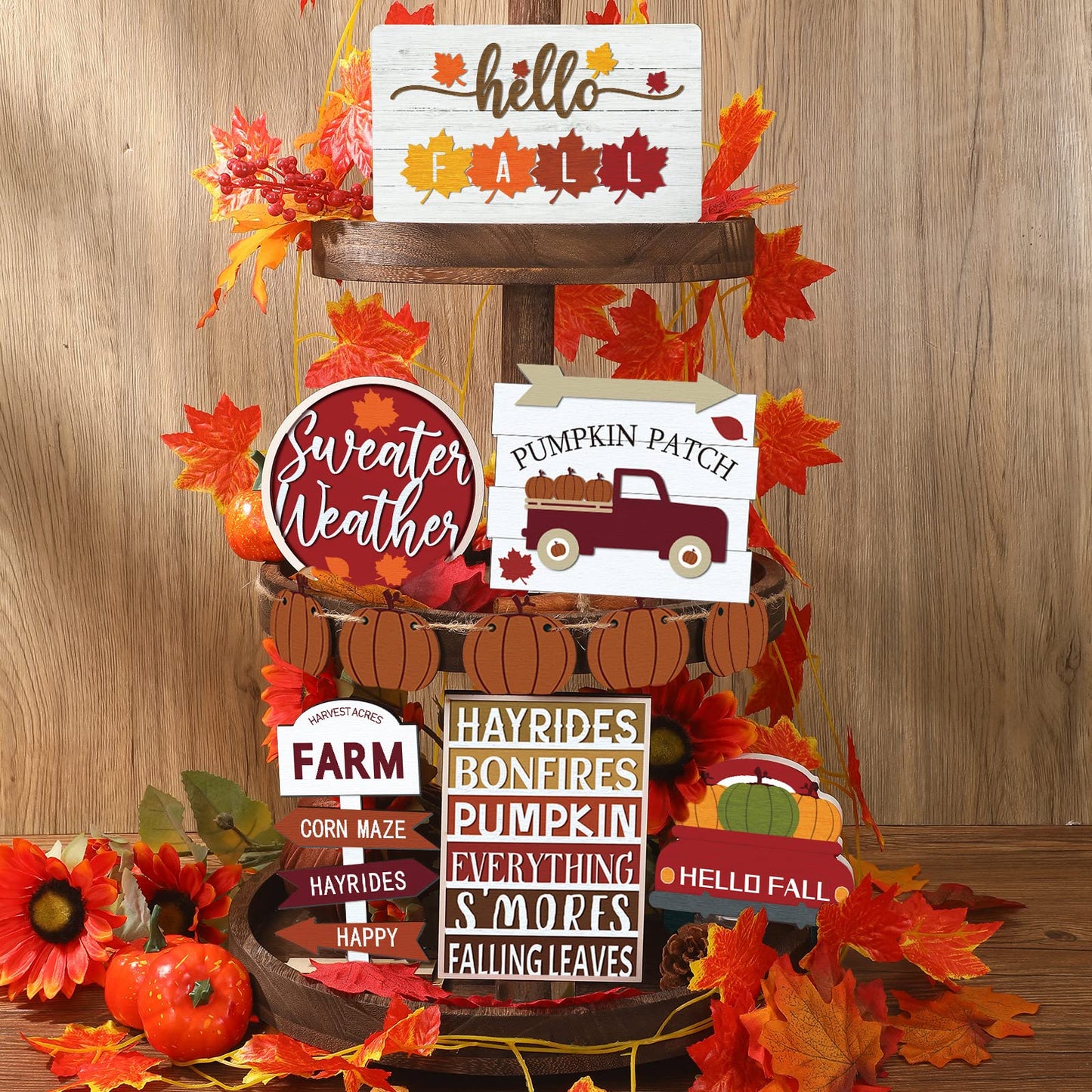 🍁12 Pcs Fall Tiered Tray Decor Thanksgiving Pumpkin Maple Leaf