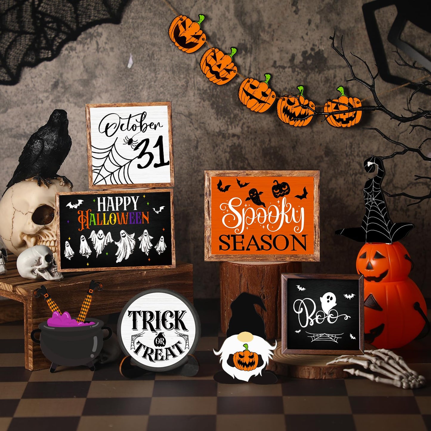 🎃Halloween Tiered Tray Decor Set Cute Halloween Wooden Signs