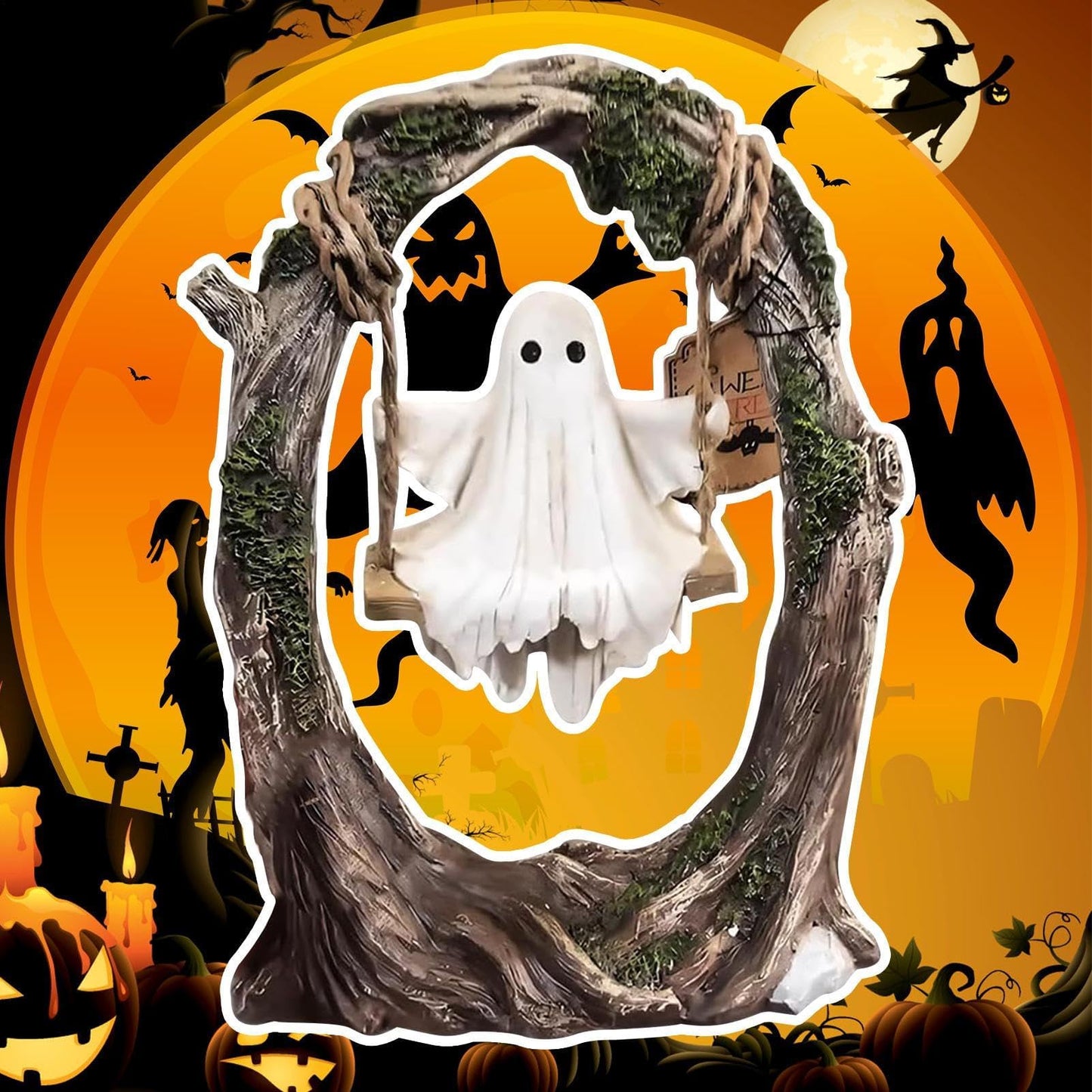 Halloween Ghost Swing Decor-Hand Painted Wooden Plaque with Rope & RIP Sign