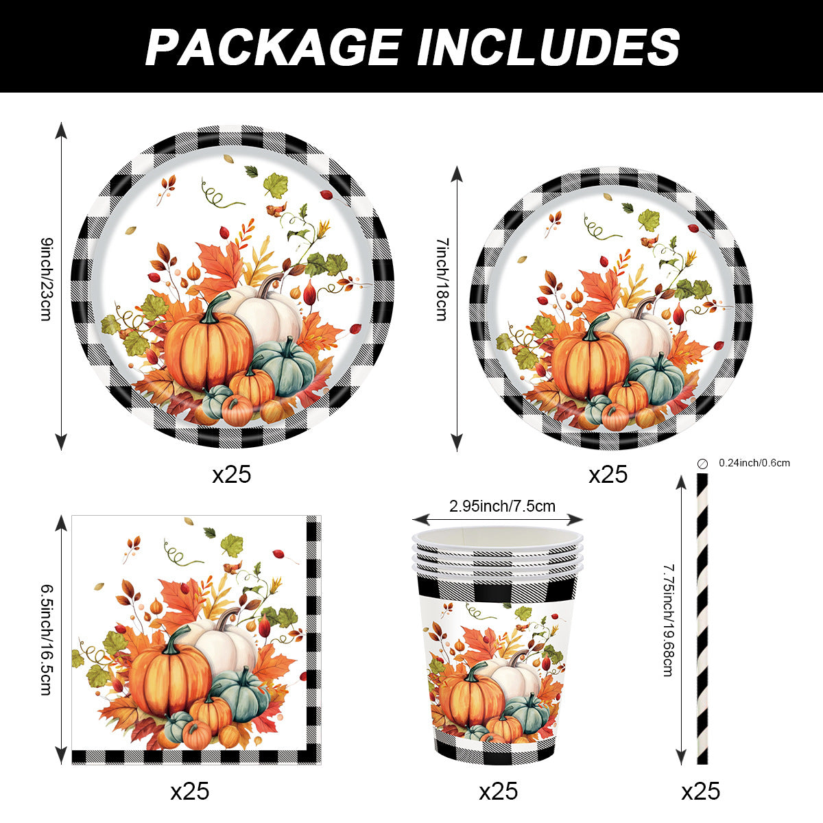 Black and White Plaid Pumpkin Theme Party Supplies Kit - 125set