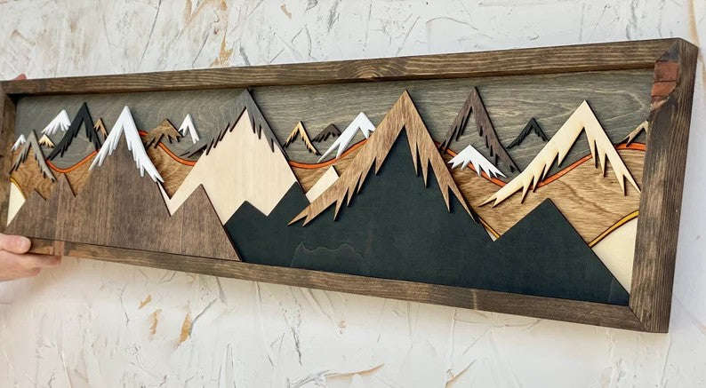 Layered Wood Mountain Wall Art - Handmade 3D Sunset Scene