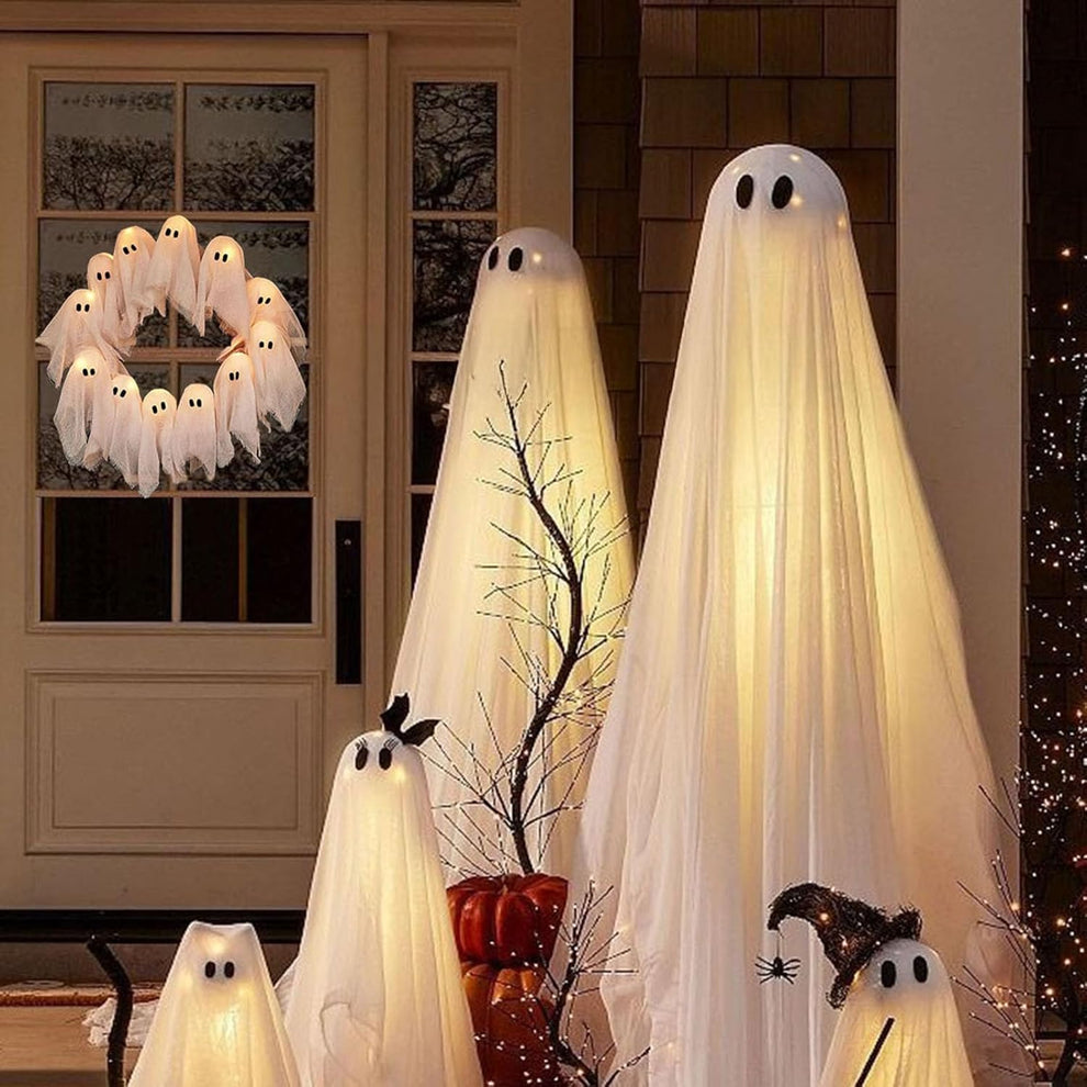 Halloween Vibes Cute Light Ghost Door Wreath