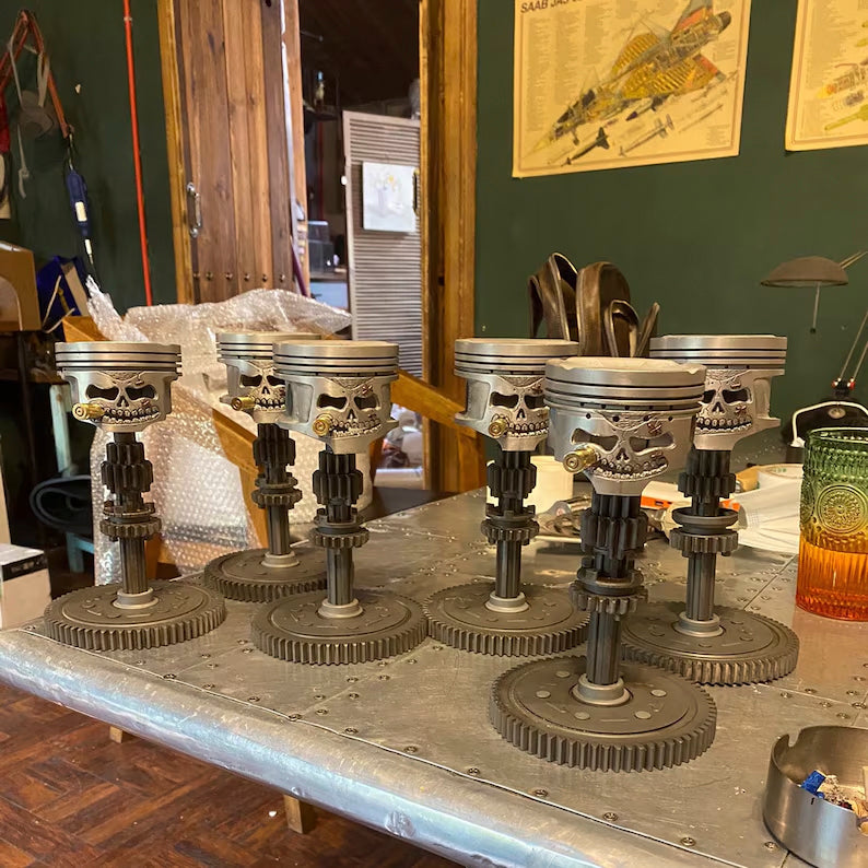 Piston Posse – Custom Skull Sculpture on Gear Base