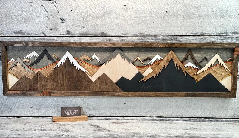 Layered Wood Mountain Wall Art - Handmade 3D Sunset Scene
