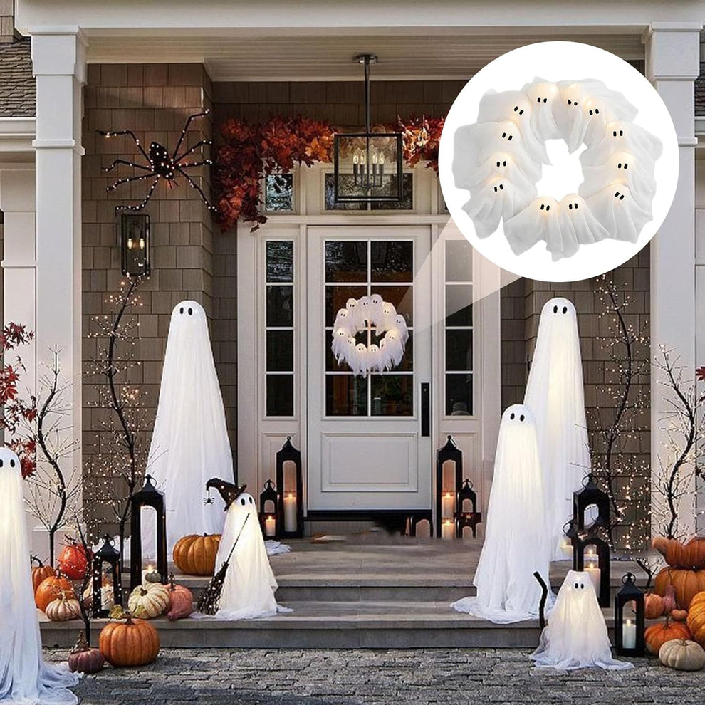Halloween Vibes Cute Light Ghost Door Wreath
