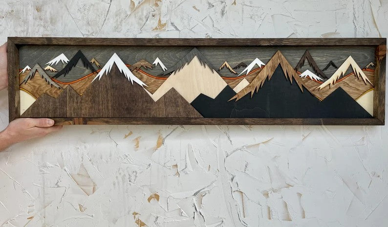 Layered Wood Mountain Wall Art - Handmade 3D Sunset Scene