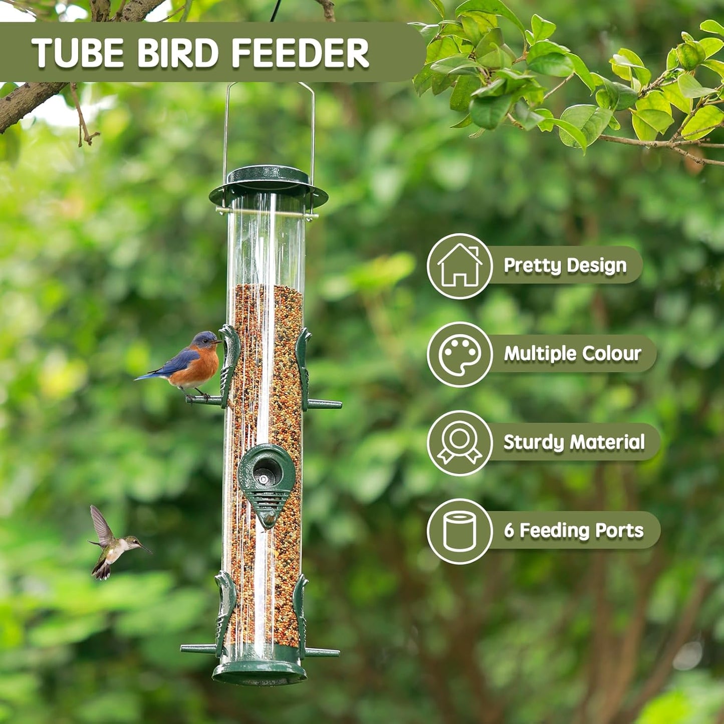 Metal 6-Port Tube Bird Feeder - Aluminum Hanging, Squirrel Proof