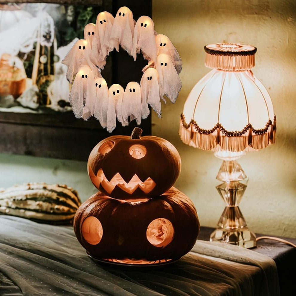 Halloween Vibes Cute Light Ghost Door Wreath