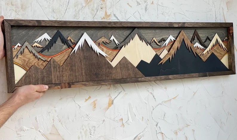 Layered Wood Mountain Wall Art - Handmade 3D Sunset Scene