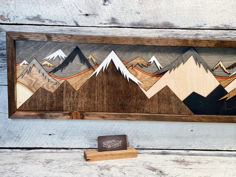 Layered Wood Mountain Wall Art - Handmade 3D Sunset Scene