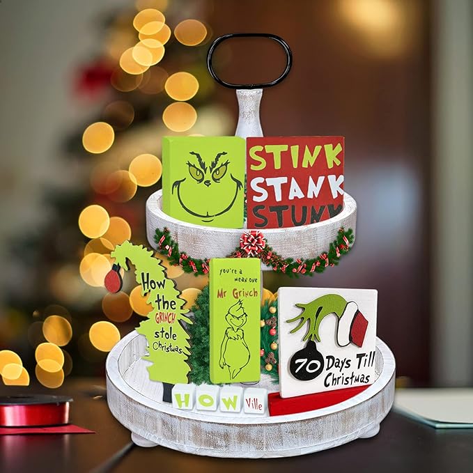 🎄Grinch Christmas Tiered Tray Decorations Set