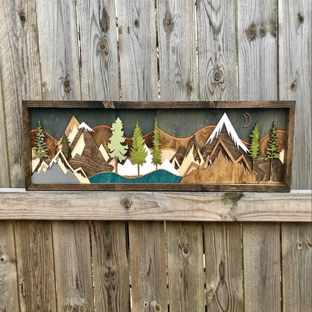 Layered Wood Mountain Wall Art - Handmade 3D Sunset Scene