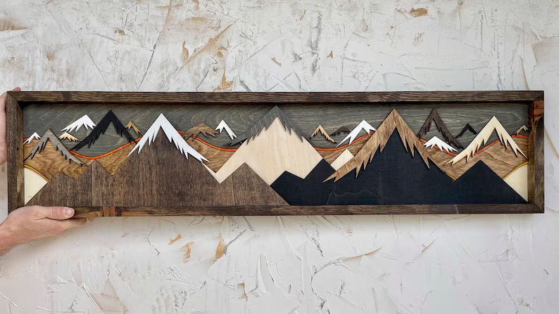Layered Wood Mountain Wall Art - Handmade 3D Sunset Scene