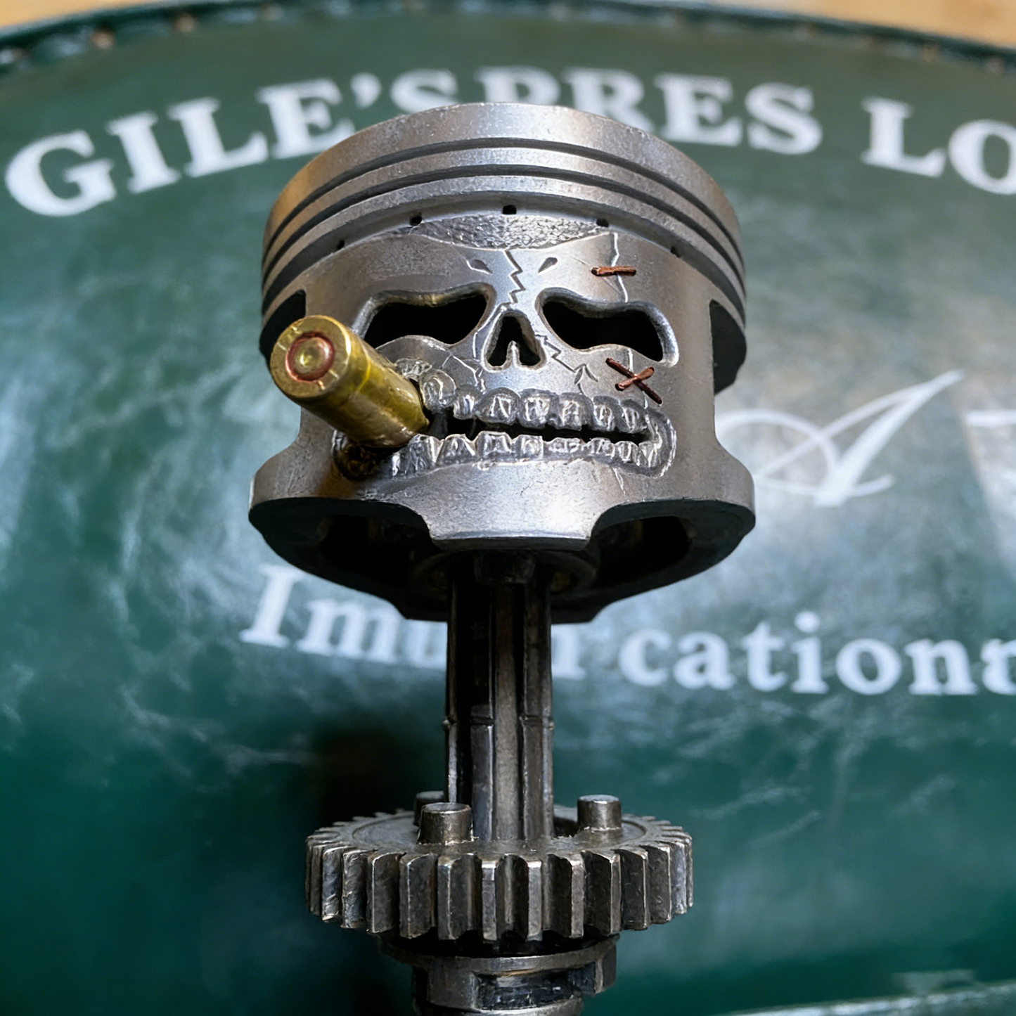 Piston Posse – Custom Skull Sculpture on Gear Base