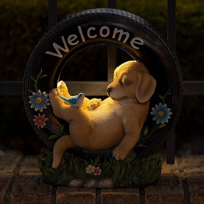 🐶Welcome Home Garden Puppy Dog Statue Solar Powered LED for Patio/Yard & Lawn