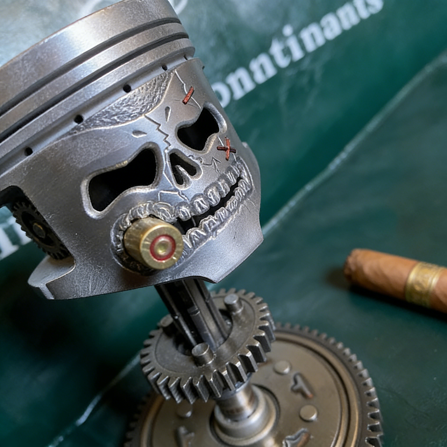 Piston Posse – Custom Skull Sculpture on Gear Base