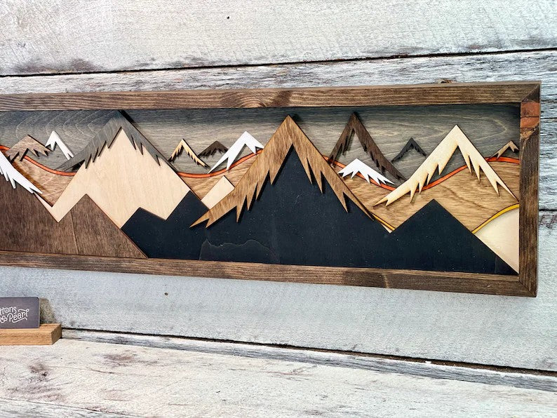 Layered Wood Mountain Wall Art - Handmade 3D Sunset Scene