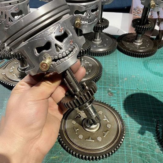 Piston Posse – Custom Skull Sculpture on Gear Base