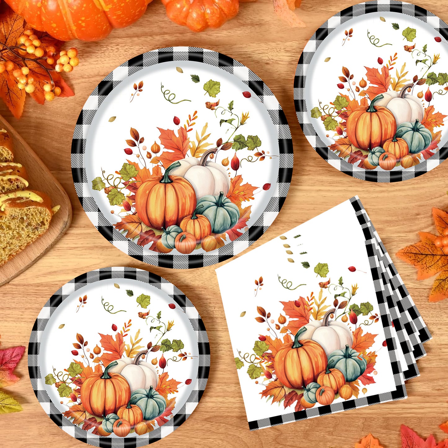 Black and White Plaid Pumpkin Theme Party Supplies Kit - 125set