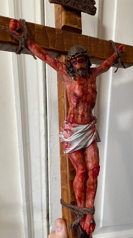 ✝️ Hand-Carved Calvary Crucifix - Sacred Heart Altar Set w/Blessing Certificate | Solid Walnut Devotional Cross for Home Chapel